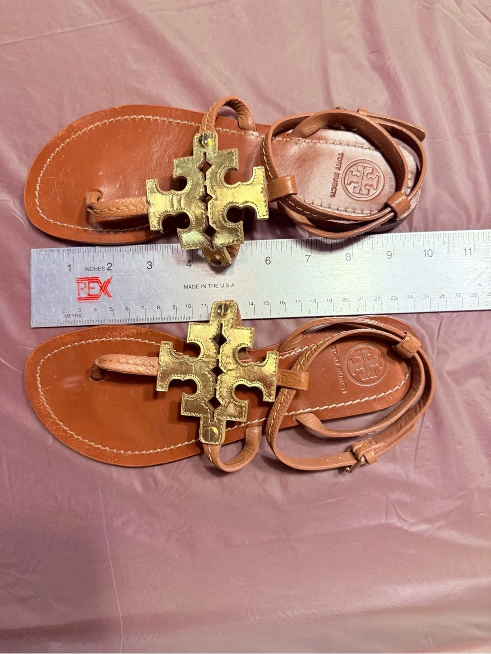Tory Burch Phoebe Tan Leather Sandals with Gold Logo Accent Size 7
